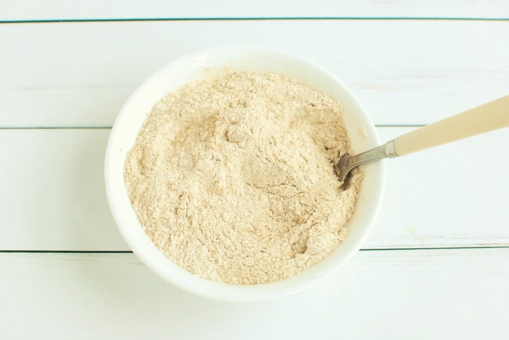 All of the dry ingredients combined in a bowl.