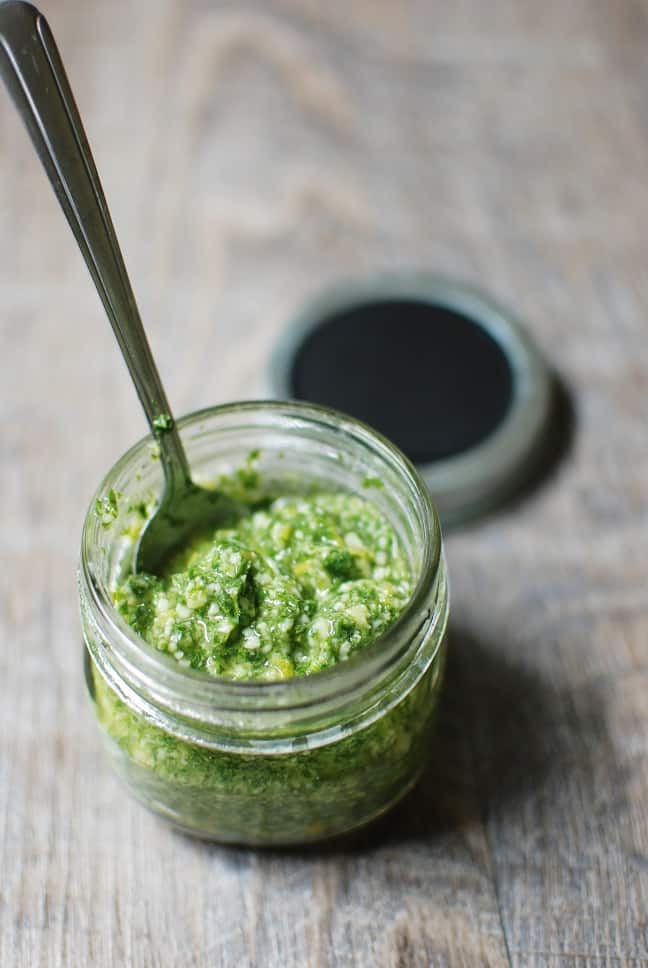 Carrot top pesto is an easy recipe that tastes delicious. Use it over grilled chicken, roasted potatoes, drizzled over avocado toast, or any way you see fit!