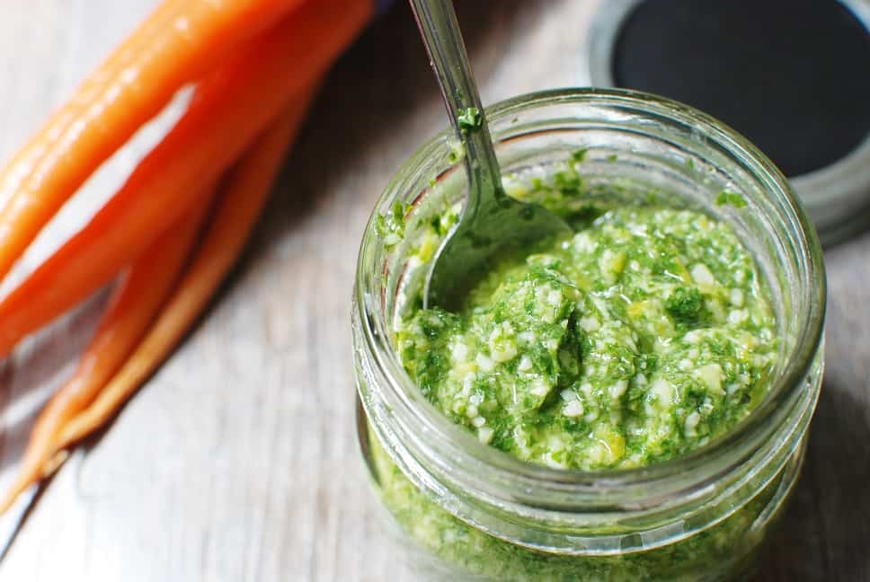 Carrot Top Pesto Recipe + 15 Ways to Use Pesto! Snacking in Sneakers