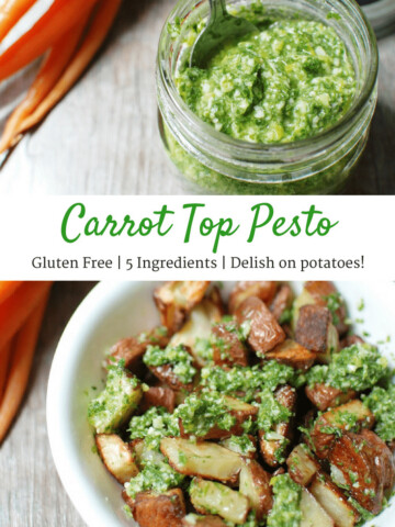A jar of carrot top pesto and a bowl of potatoes tossed in pesto