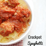 Crockpot spaghetti squash and meatballs makes a healthy & tasty family dinner! Slow cooker for the win.