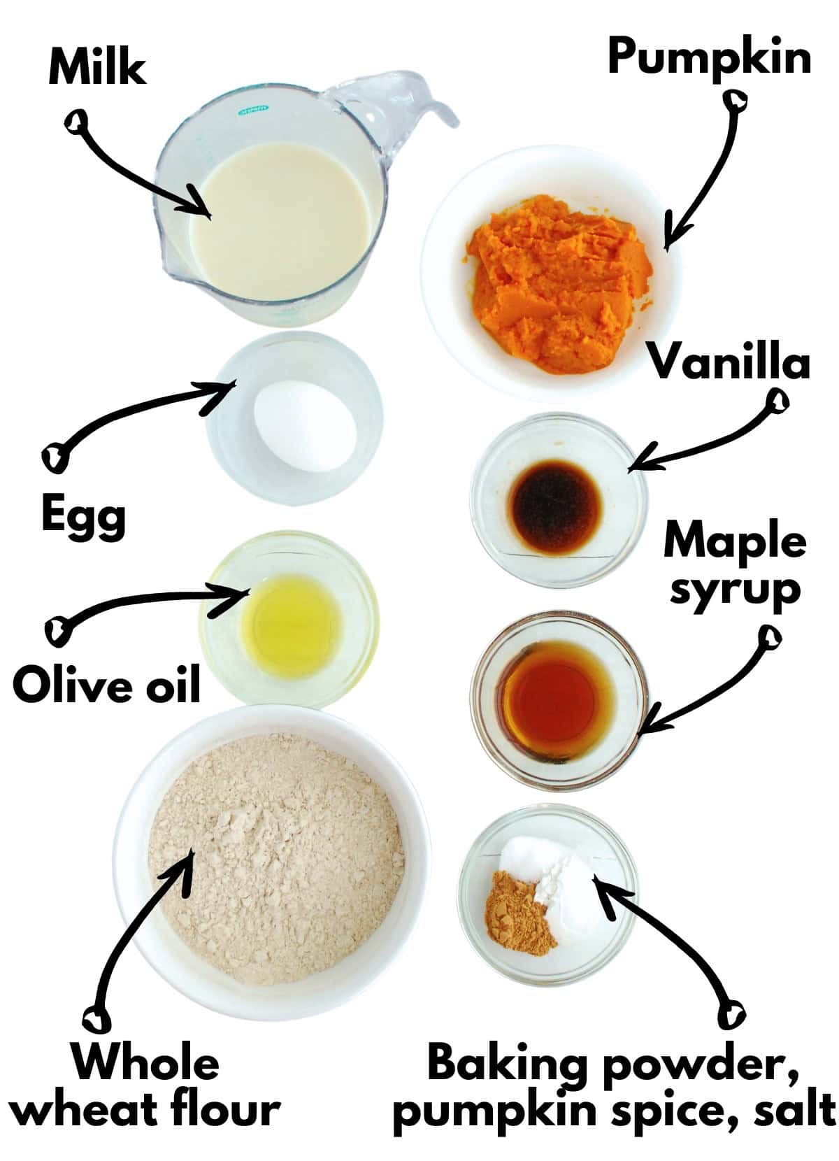 Flour, baking powder, maple syrup, salt, pumpkin spice, pumpkin, egg, milk, vanilla, and olive oil.