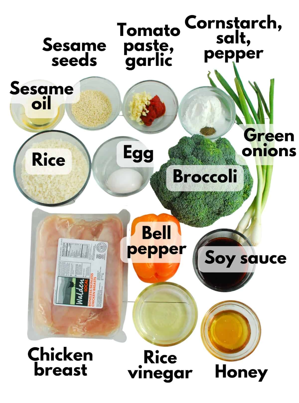 All the stir fry ingredients on a white back drop.
