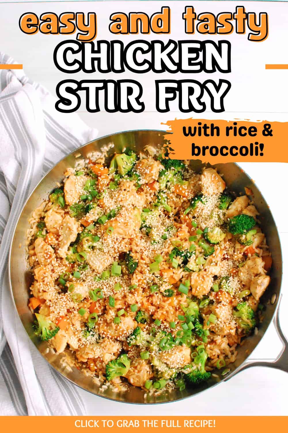 A skillet full of chicken stir fry with a text overlay with the name of the recipe.