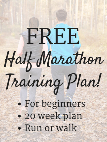Runners with text overlay about 20 week half marathon training schedule for beginners. Kind of like the "Couch to Half Marathon" version of plans for new runners training for their first half marathon.