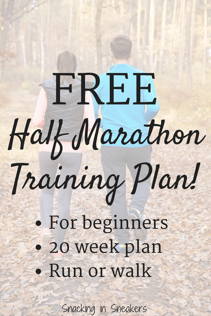 Two runners outside on a fall day with a text overlay that says free half marathon training plan for beginners.