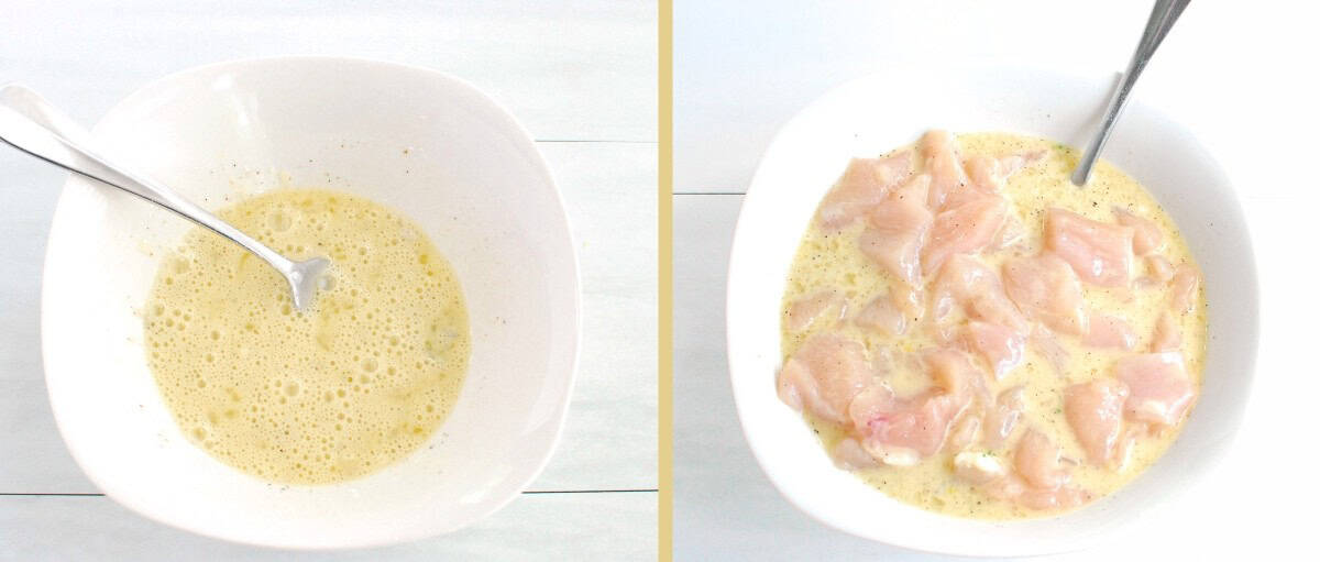 A collage of the egg dredge mixture and the chicken in the mixture.