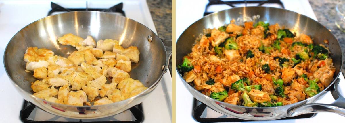 Chicken cooking in a skillet, then vegetables cooking in a skillet with the chicken and rice.
