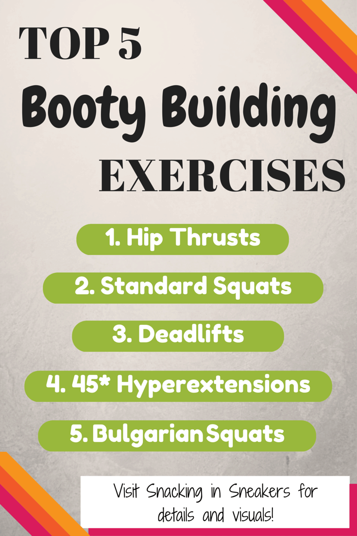 An infographic that lists the top 5 glute exercises for women: hip thrusts, squats, deadlifts, 45 hyperextension, and Bulgarian squats.