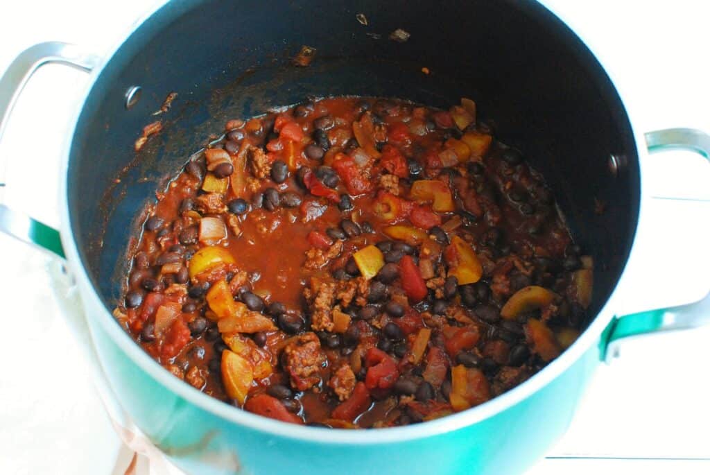 Chili in a pot after simmering.