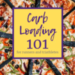 a large pizza with a text overlay about carb loading 101