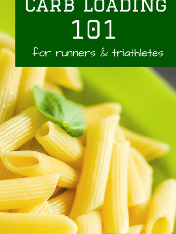 a bowl of pasta with a text overlay about carb loading for runners