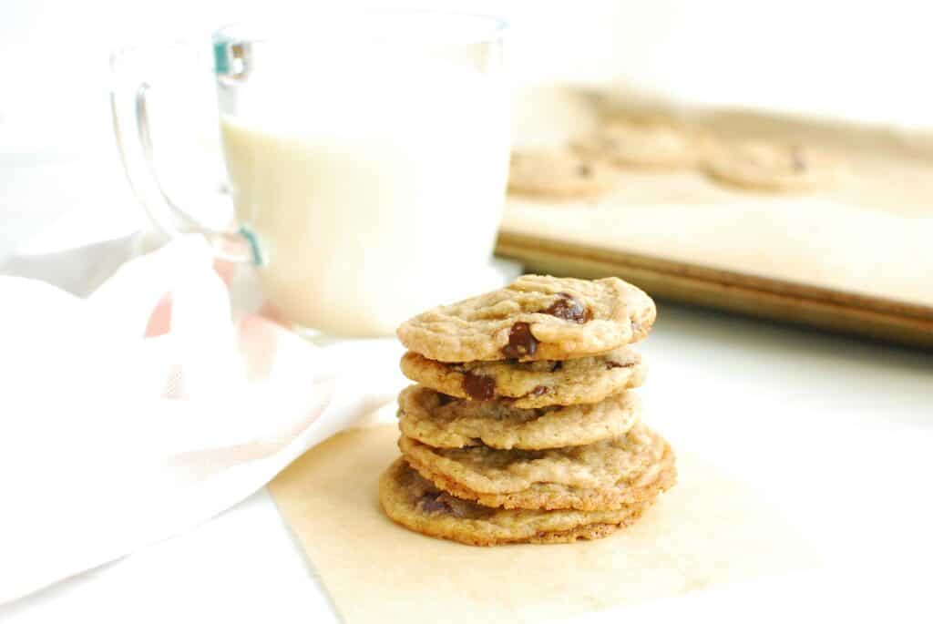 A stack of several dairy free egg free chocolate chip cookies.