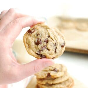 A woman's hand holding a dairy free egg free chocolate chip cookie.