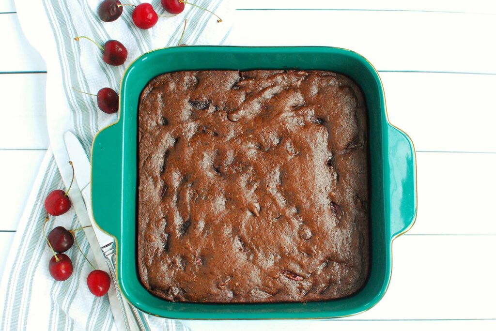 A baked pan of cherry brownies.