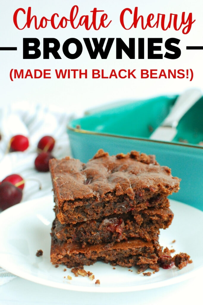 A stack of chocolate cherry brownies with a text overlay for Pinterest.