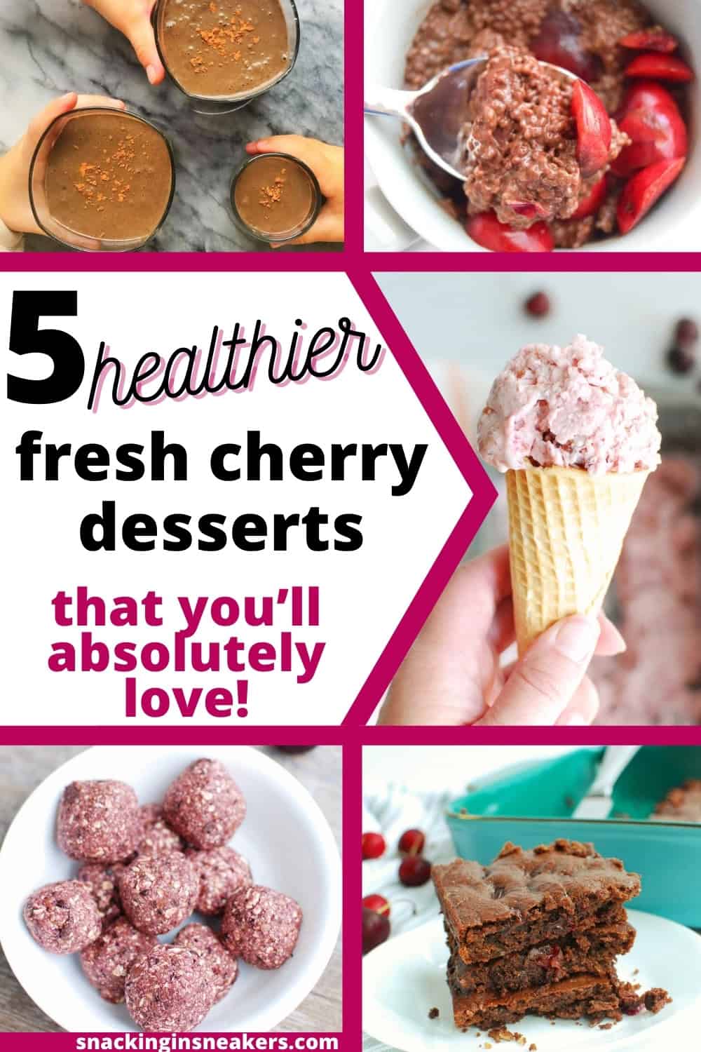 A collage of several healthier cherry desserts including brownies, smoothies, energy bites, chia pudding, and a higher protein ice cream.