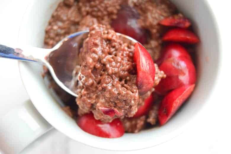 A spoonful of chocolate cherry chia pudding.