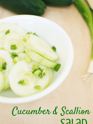 Low carb cucumber salad next to scallions and cucumbers