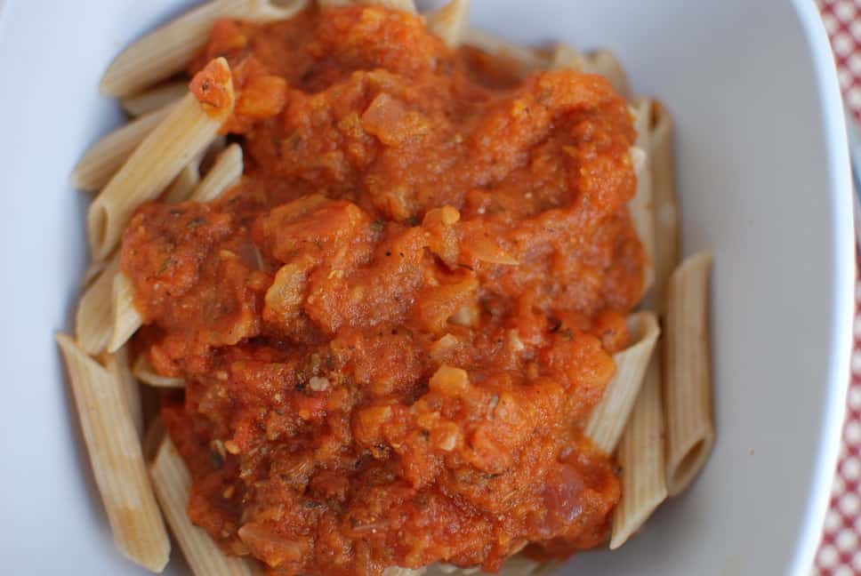 Homemade Vegetarian Pasta Sauce over whole wheat pasta in a bowl