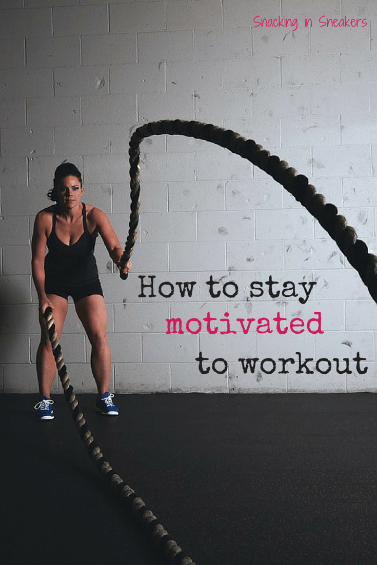 A woman using battle ropes with a text overlay that says how to stay motivated to workout.