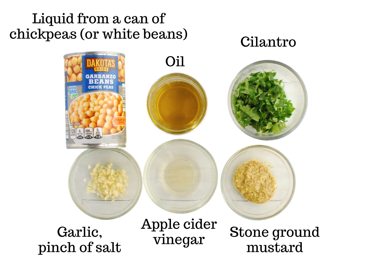 Beans, oil, garlic, vinegar, mustard, and cilantro.