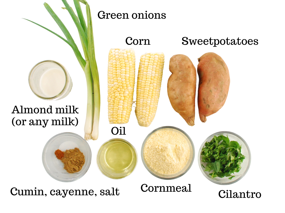 Sweet potatoes, corn, green onions, almond milk, cumin, cayenne, salt, oil, cornmeal, and cilantro.