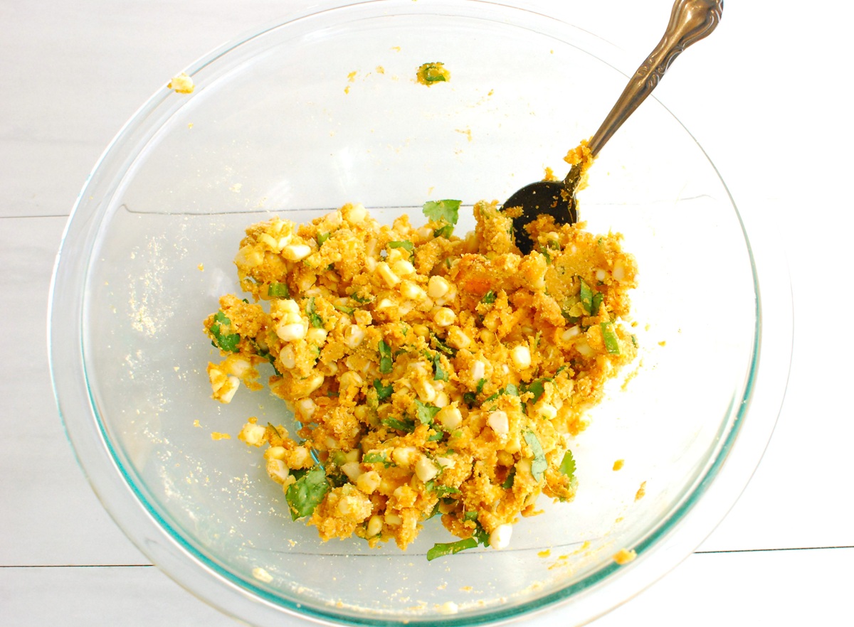 The fritter mixture in a mixing bowl.