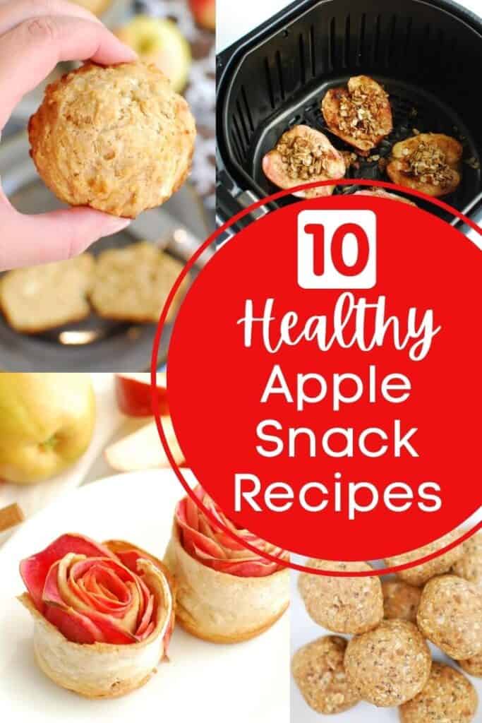 A collage of several healthy apple snacks, including baked apples, energy bites, apple roses, and muffins.