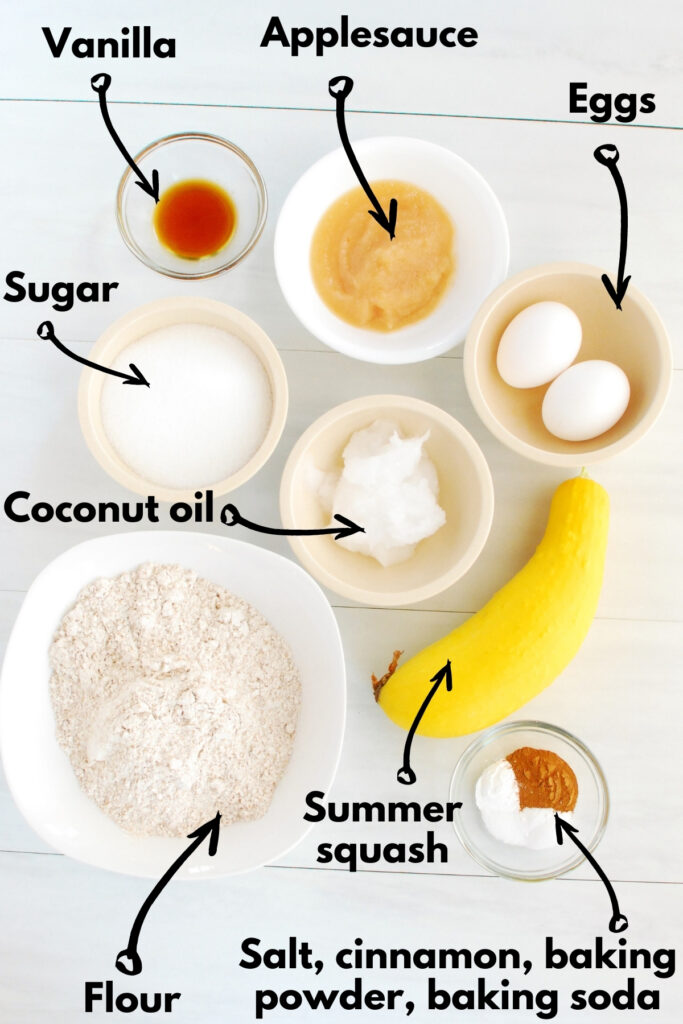Flour, baking powder, baking soda, salt, cinnamon, squash, coconut oil, sugar, vanilla, applesauce, and eggs.