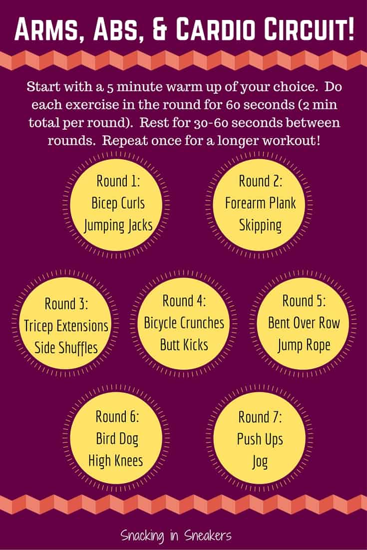 This arms, abs & cardio circuit workout is an equal blend of cardio and strength training for a workout that will get your heart pumping and tone you up!