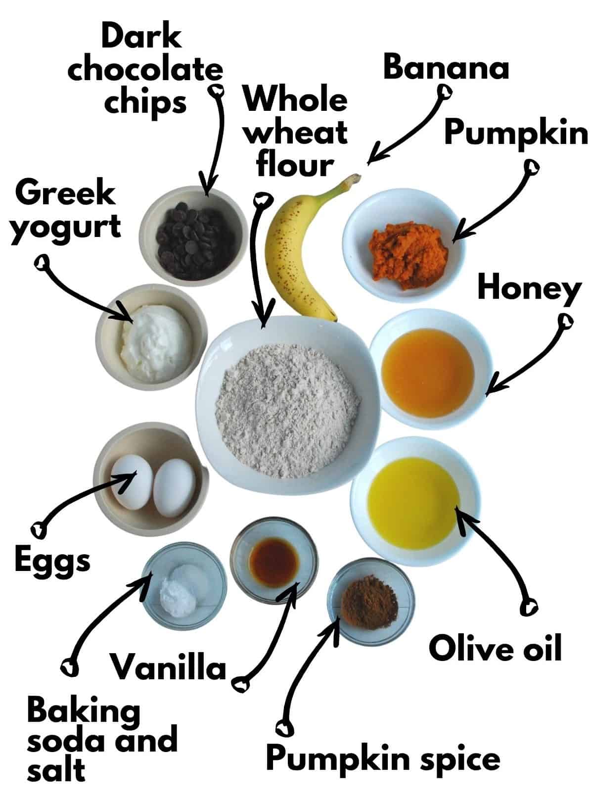 Banana, pumpkin, flour, chocolate chips, yogurt, eggs, vanilla, baking soda, salt, pumpkin spice, olive oil, and honey.