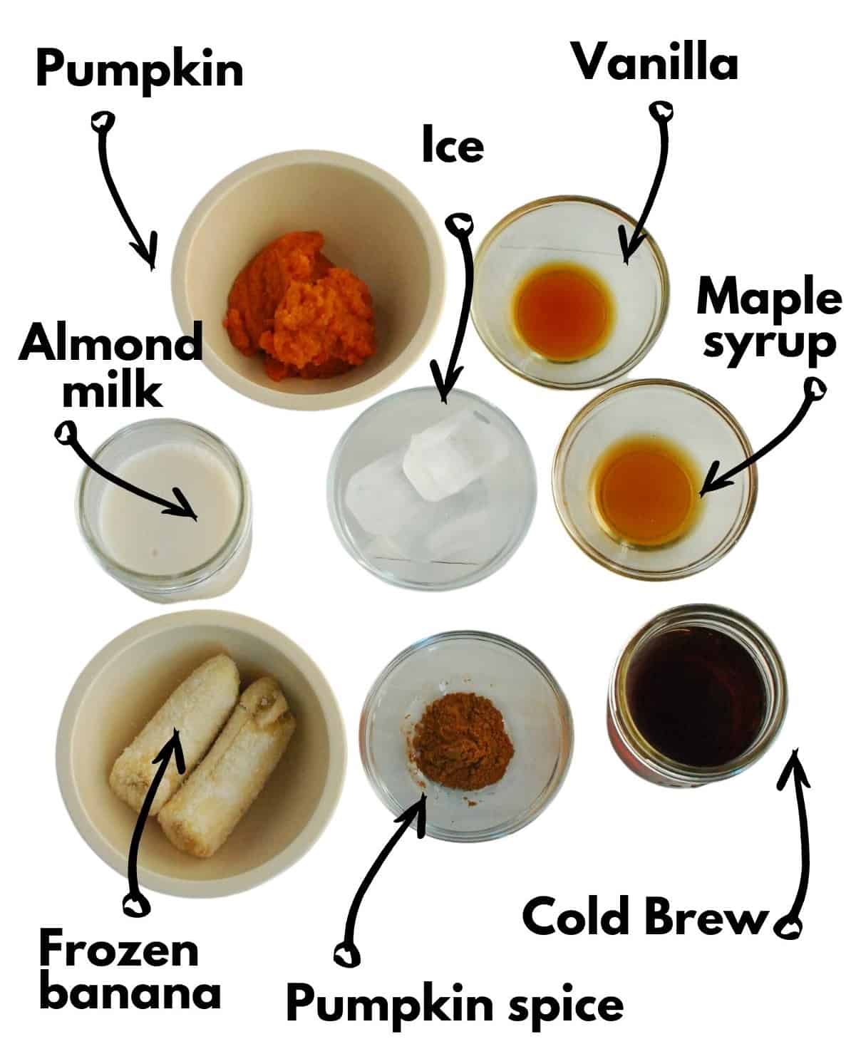 Pumpkin, vanilla, maple syrup, ice, almond milk, banana, pumpkin spice, and coffee.
