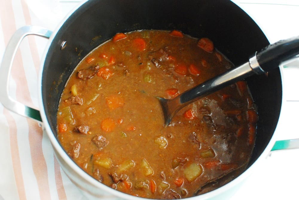 A pot filled with stovetop beef stew.