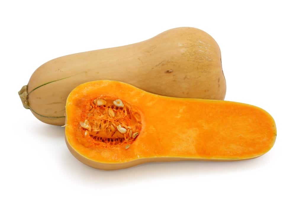 A butternut squash that's been chopped in half.