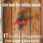 A wooden tray with garland and a text overlay about holiday food pantry donations