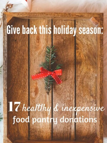 A wooden tray with garland and a text overlay about holiday food pantry donations