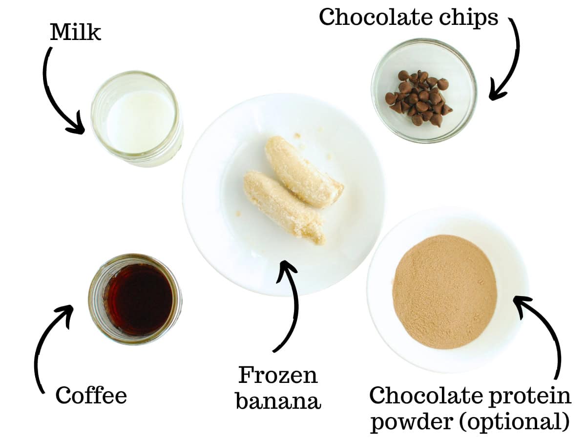 A frozen banana, milk, coffee, chocolate chips, and chocolate protein powder.