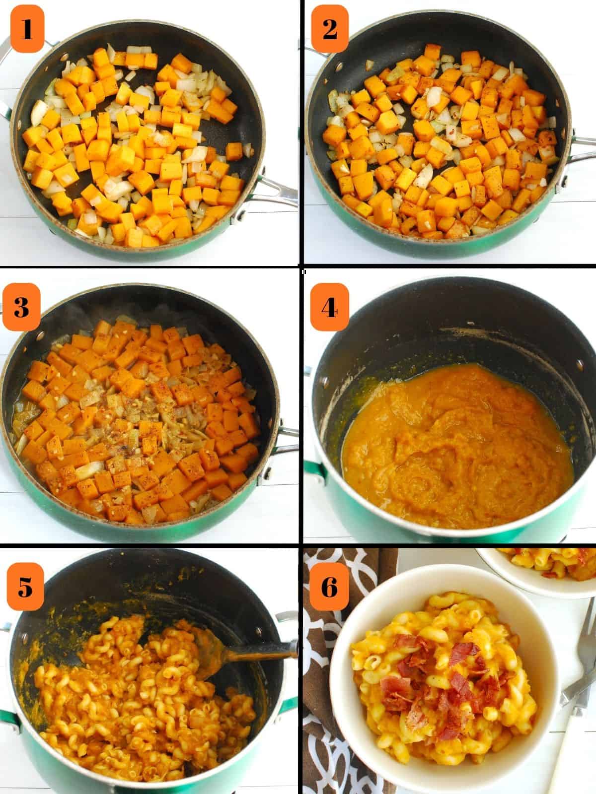 Step-by-step process shots of the cooking process for butternut squash pumpkin pasta.