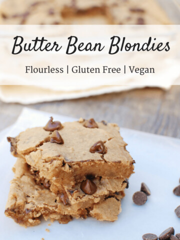 These butter bean blondies are the ultimate in healthy desserts! They’re flourless, gluten free, and vegan friendly. Easy to make with just 8 simple ingredients.| Healthy Dessert Recipes | Clean Dessert Recipe | Blondies Recipe | Blondies Bars | Dairy Free Dessert