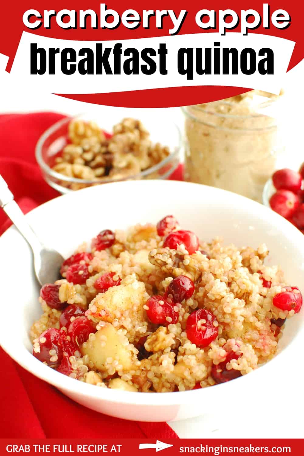 A bowl filled with a cran-apple quinoa mixture, next to some brown sugar, fresh cranberries, and walnuts, with a text overlay for Pinterest.