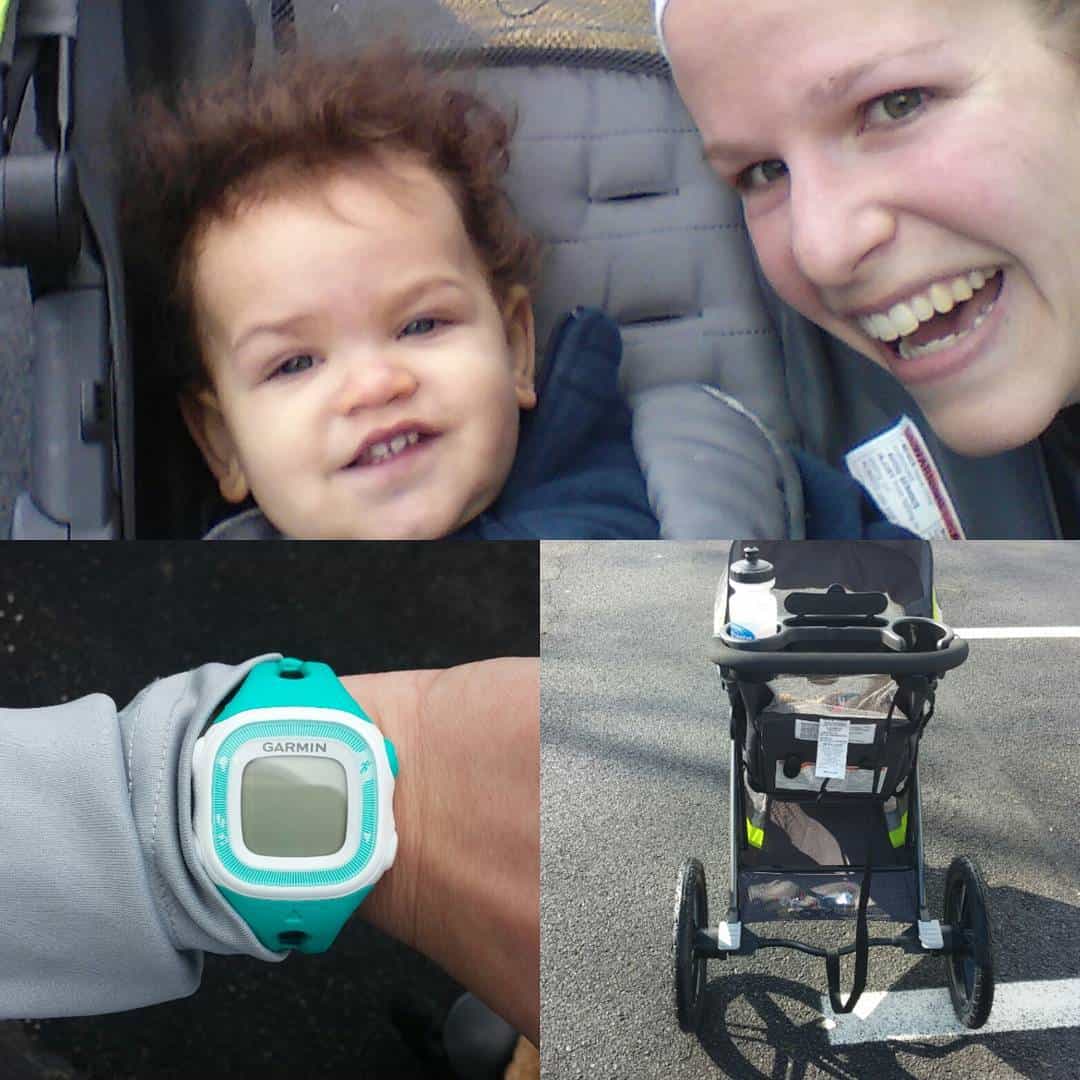 A woman postpartum running with a baby in the jogging stroller