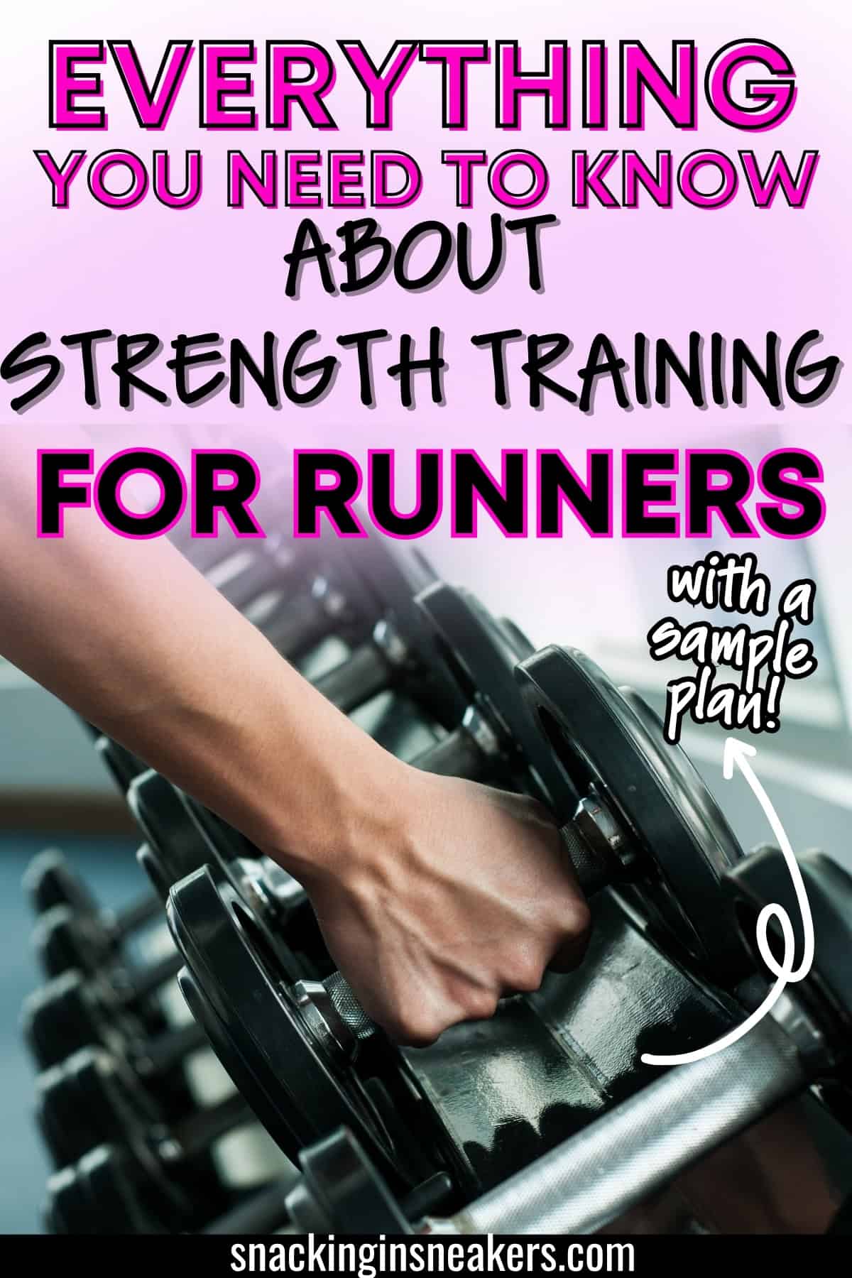 A hand lifting a dumbbell from a rack with a text overlay that says everything you need to know about strength training for runners.