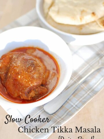 This slow cooker chicken tikka masala has a rich sauce full of flavor from the yogurt and spices. The chicken is tender thanks to using chicken thighs and letting those cook all day in crock pot. And it’s dairy & soy free for anyone with allergies!