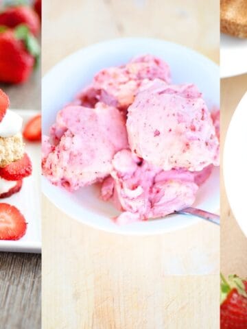 A collage of healthy strawberry recipes including chia jam, strawberry nice cream, and healthy strawberry shortcake.