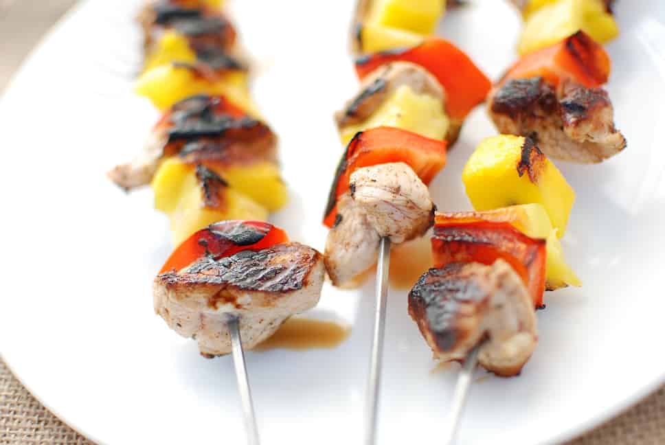 Close up shot of grilled turkey tenderloin kabobs