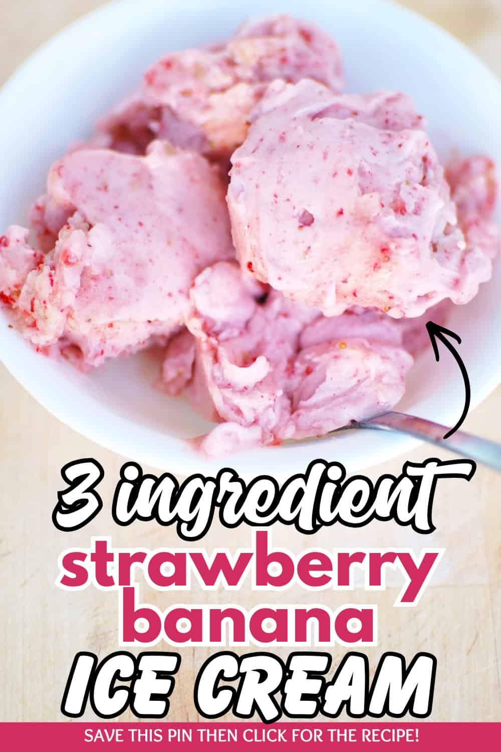 A bowl of strawberry banana nice cream with a text overlay with the name of the recipe.