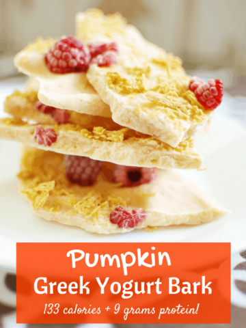 pumpkin greek yogurt bark stacked up on a plate