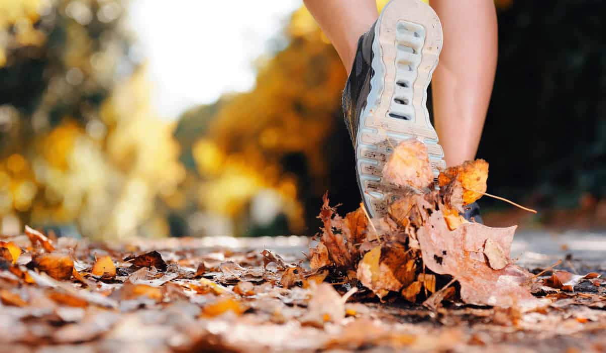 Sneakers on the ground running in fall leaves.
