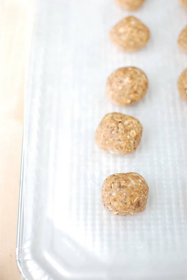 A tray full of no bake peanut butter apple energy bites